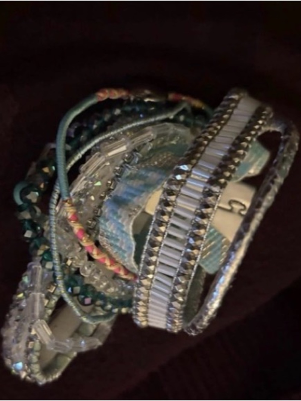 Layered Hipanema Beaded and Woven Bracelet Stack in Teal and Silver